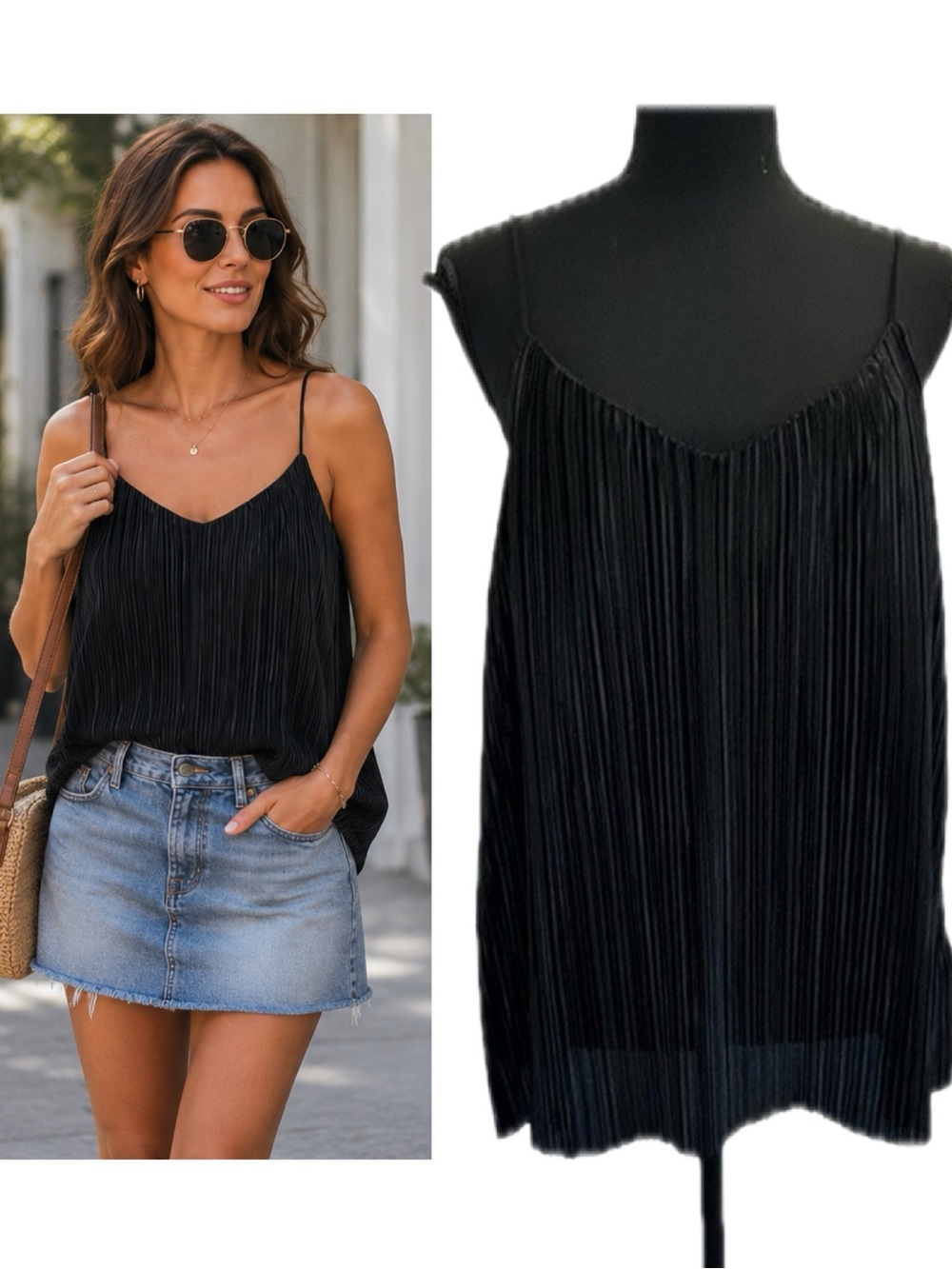 H&m black ribbed pleated flowy satin effect V-neck camisole Sz M